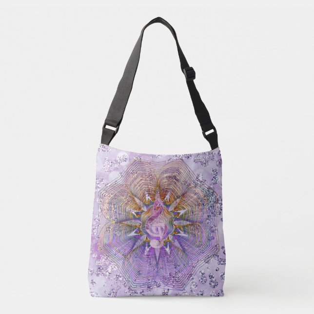 Purple Floral Prism Treble Clef Bokeh Bling Crossbody Bag (Front)