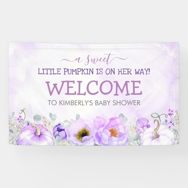 Purple Floral Pumpkins Fall Baby Shower Welcome Banner (Horizontal)