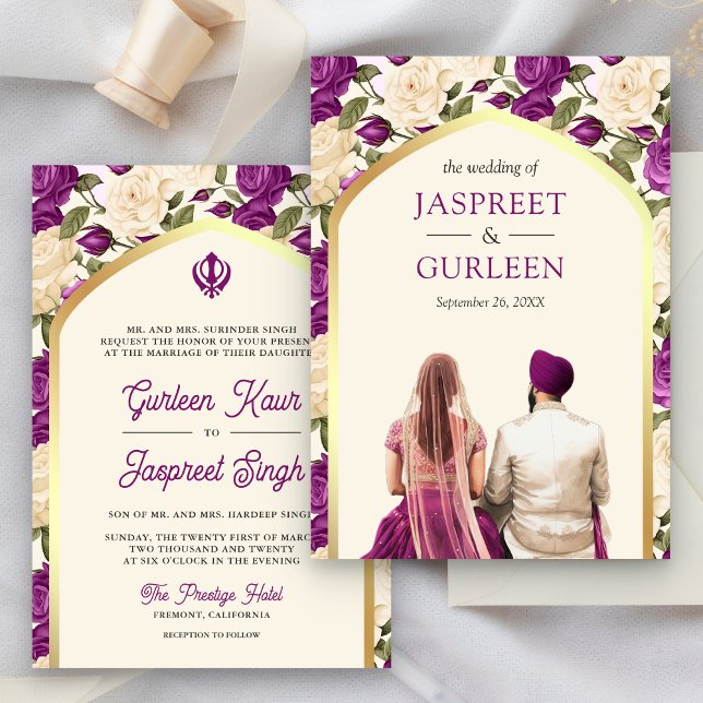 Purple Floral Punjabi Anand Karaj Sikh Wedding Invitation (Creator Uploaded)