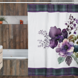 Purple Floral Purple & Green Plaid  Shower Curtain