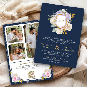 Purple Floral QR Code Crest Navy Blue Wedding Invitation