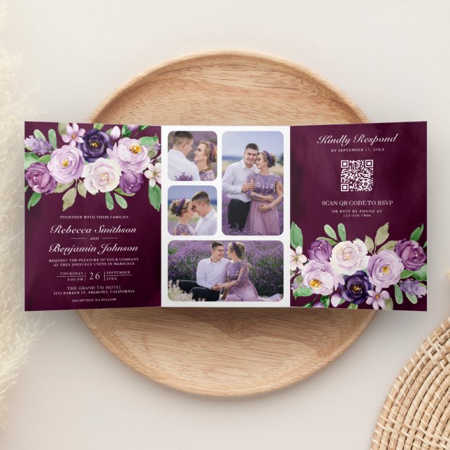 Purple Floral QR Code Dark Moody Plum Wedding Tri-Fold Invitation (Creator Uploaded)