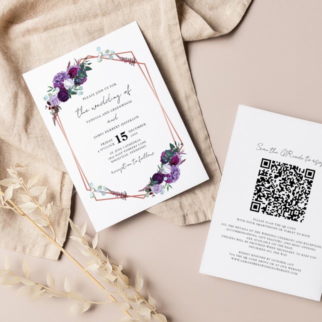 Purple Floral QR Code Script Wedding Invitation (Purple Floral Wedding All in One QR Code Invitation)