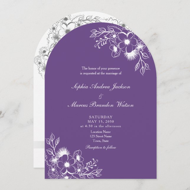 Purple Floral QR Code Wedding Invitation (Front/Back)