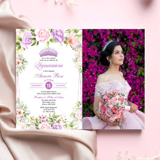 Purple Floral Quinceañera 15th Birthday Photo Invitation