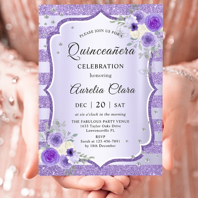 Purple  Floral Quinceanera birthday Invitation (Creator Uploaded)