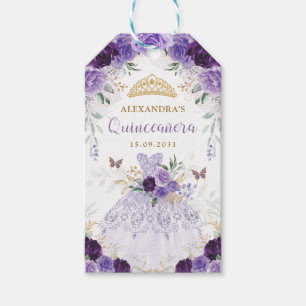 Purple Floral Quinceanera Dress Princess Crown Gift Tags