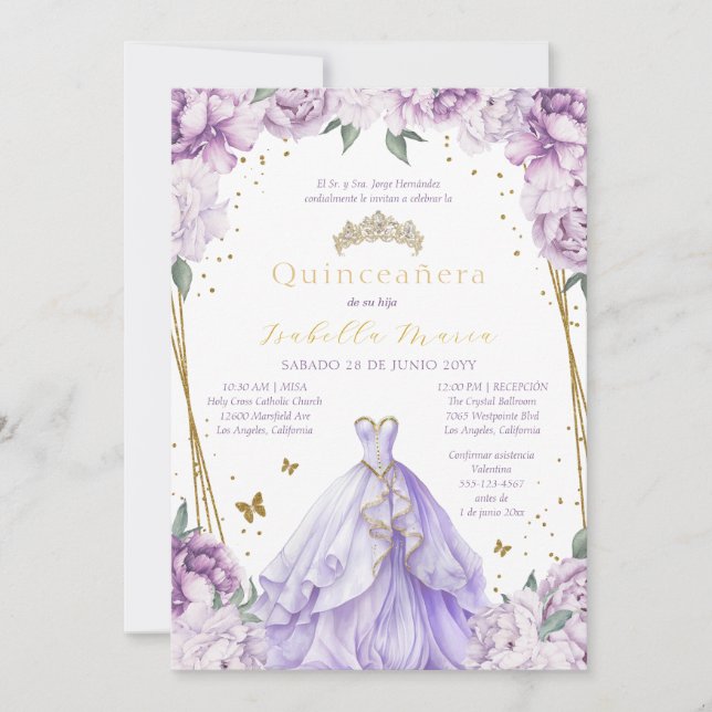 Purple Floral Quinceañera Invitation in Spanish (Front)