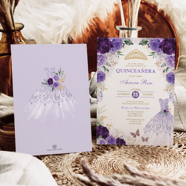 Purple Floral Quinceañera Mis Quince 15th Birthday Invitation (Creator Uploaded)