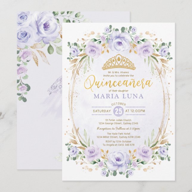 Purple Floral Quinceañera Mis Quince 15th Birthday Invitation (Front/Back)