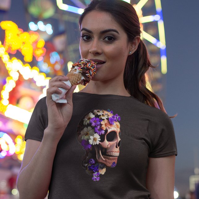 Purple Floral Realism Womens Day of the Dead Skull T-Shirt (Creator Uploaded)