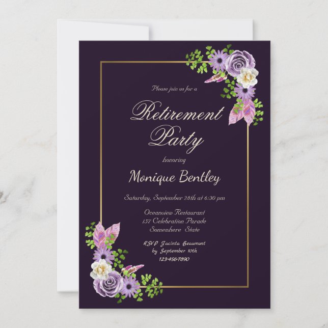 Purple Floral Retirement Party Invitation (Front)