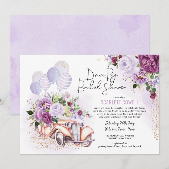 Purple Floral Retro Car Drive By Bridal Shower Invitation (Front/Back)