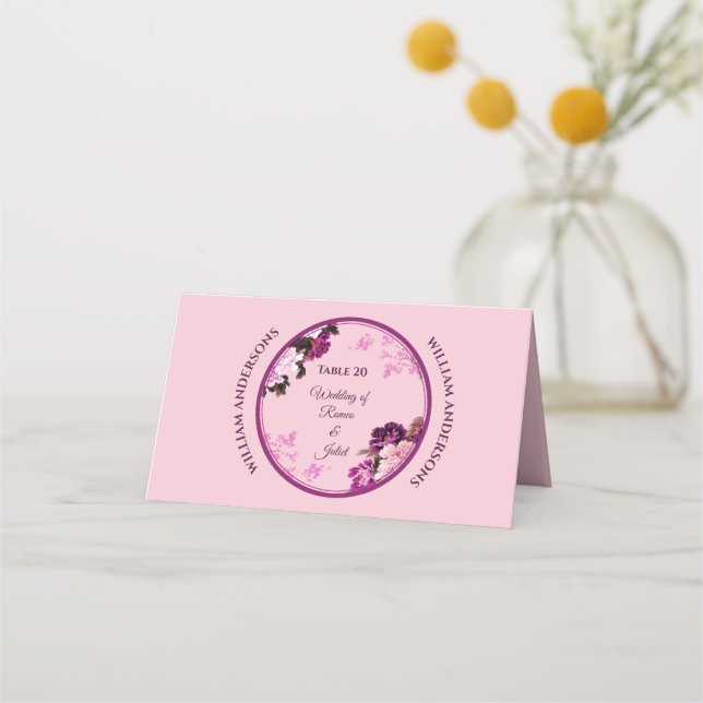 Purple Floral Ring Wedding Place Card (Front)