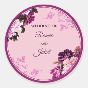 Purple Floral Ring Wedding Round Stickers