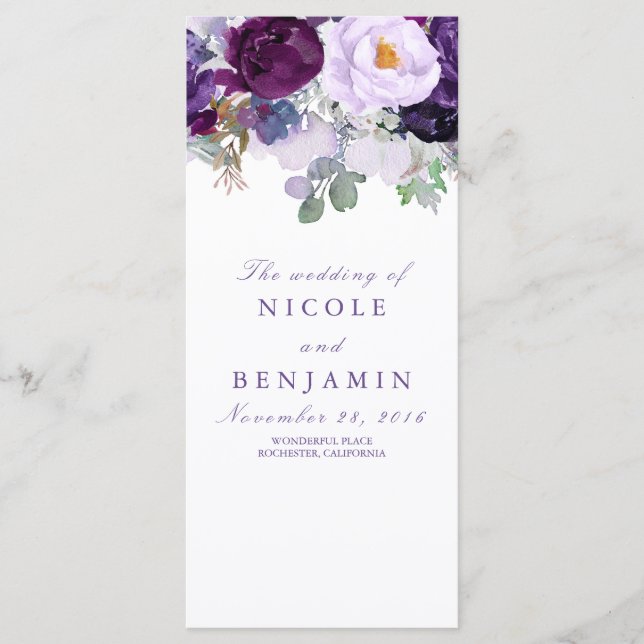 Purple Floral Romantic Wedding Programs Programme (Front)