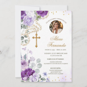 Purple Floral Rosary Catholic Funeral Invitation