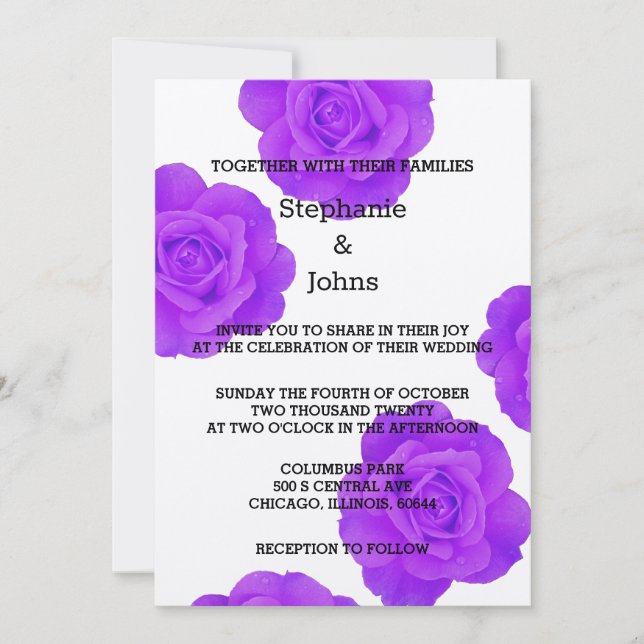 Purple Floral Rose Flowers Elegant Silver Wedding Invitation (Front)
