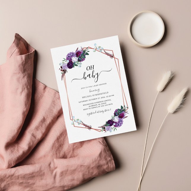 Purple Floral Rose Gold Geometric Baby Shower Card (Creator Uploaded)