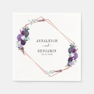 Purple Floral Rose Gold Geometric Frame Script Napkin