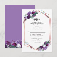 Purple Floral Rose Gold Geometric Wedding RSVP