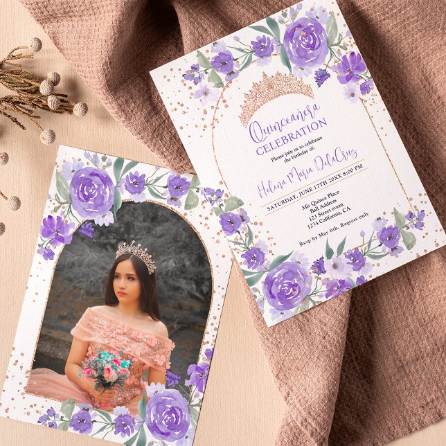 Purple floral Rose gold tiara princess Quinceanera Invitation (Creator Uploaded)
