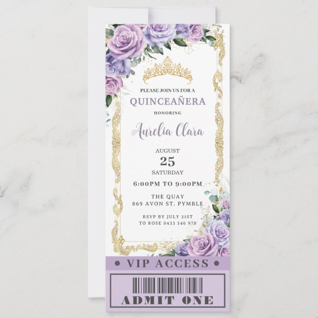 Purple Floral Rose Quinceañera Sweet 16 VIP Ticket Invitation (Front)