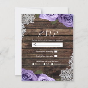 Purple Floral Roses Rustic Lace Wedding RSVP Invitation