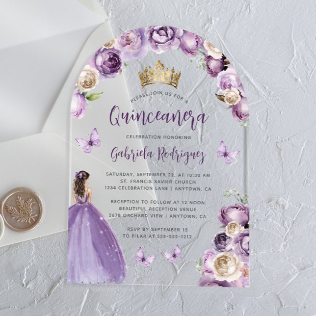 Purple Floral Roses Watercolor Quinceañera Acrylic Invitations (Creator Uploaded)