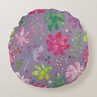 Purple Floral Round Pillow – Pink Garden Pattern