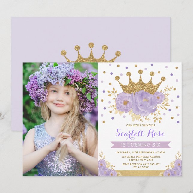Purple Floral Royal Crown Princess Birthday Party Invitation (Front/Back)