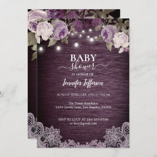 Purple Floral Rustic Baby Shower Invitation