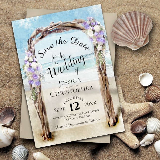 Purple Floral Rustic Driftwood Beach Arbor Wedding Save The Date (Creator Uploaded)