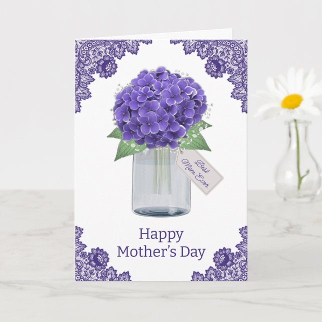 Purple Floral Rustic Lace Hydrangea Mother's Day Card (Small Plant)