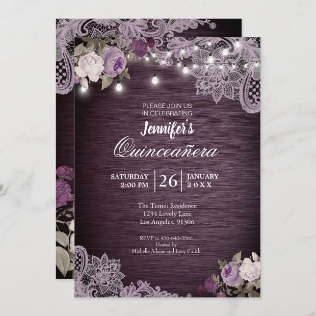 Purple Floral Rustic Quinceanera Invitation (Front/Back)