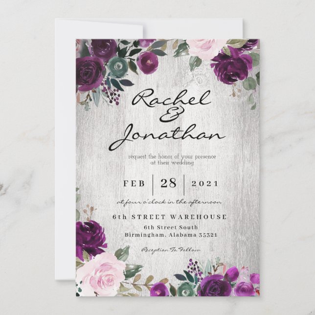 Purple Floral Rustic Wedding Invitation (Front)