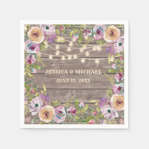Purple Floral Rustic Wood String Light Wedding Napkin