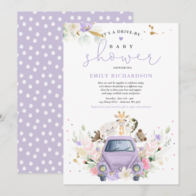 Purple Floral Safari Animals Drive By Baby Shower Invitation (Front/Back)