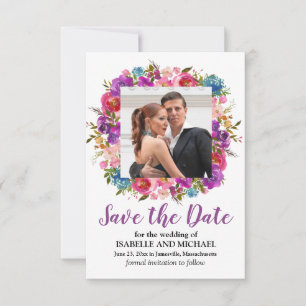 Purple Floral Save the Date Card with Photo