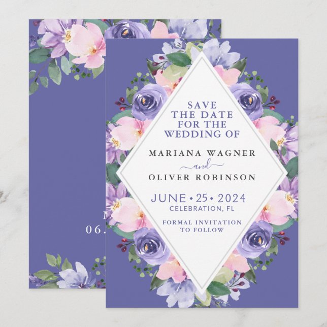 Purple Floral Save the Date Invitation (Front/Back)