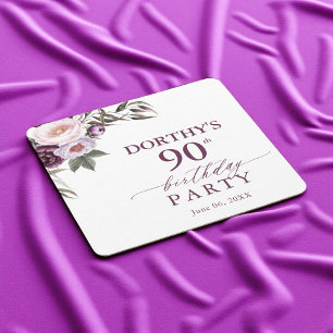 Purple Floral Script 90th Birthday Square Paper Coaster