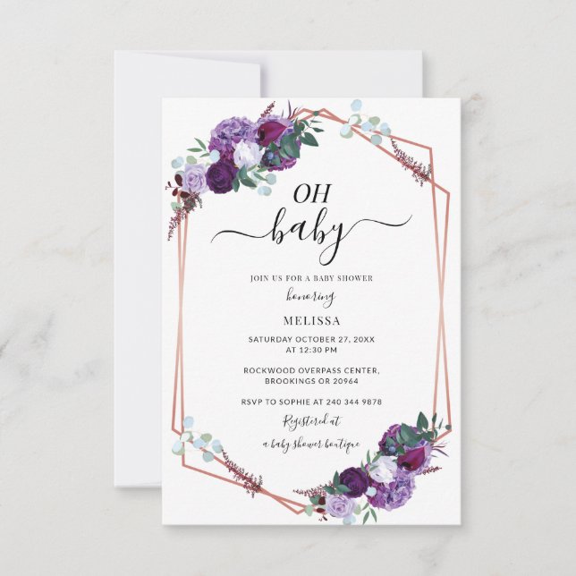 Purple Floral Script Geometric Baby Shower Card (Front)