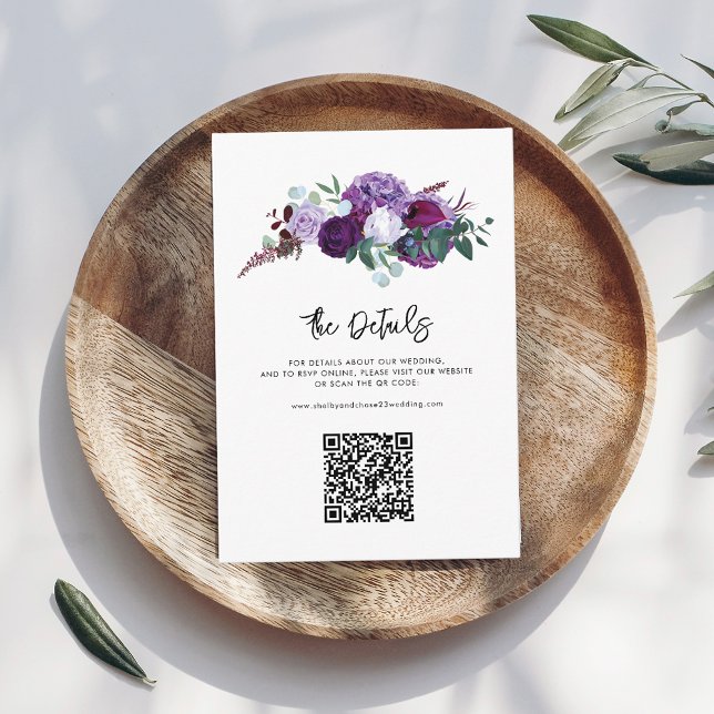 Purple Floral Script Wedding Details with QR Code Enclosure Card (Floral Purple Elegant Wedding Details with QR Code)