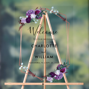 Purple Floral Script Wedding Welcome Acrylic Sign
