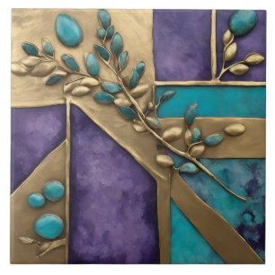 Purple Floral Sculpted Botanical Art on Turquoise Tile
