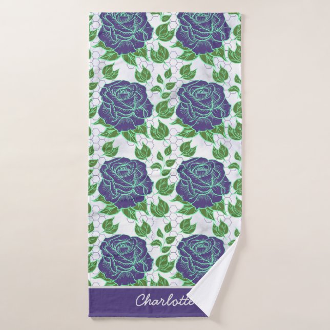 Purple floral seamless pattern personalised name  bath towel (Bath Towel)