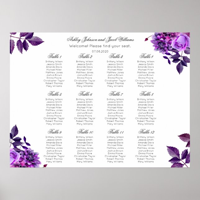 Purple floral seating chart print. Lilac wedding (Front)