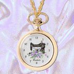 Purple Floral Sewing Machine Necklace Watch<br><div class="desc">This sewing themed necklace watch is ready to be personalised with her name or moogtsm. Printed with a black vintage style sewing machine accented with a lavish bouquet of lavender colour watercolor flowers. Just edit the name text in the "personalise it" button. Your choice of gold tone or silver tone,...</div>