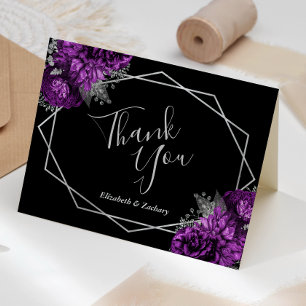 Purple Floral Silver Black Geometric Wedding Thank You Card