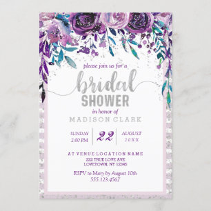Purple Floral & Silver Bridal Shower Invitation